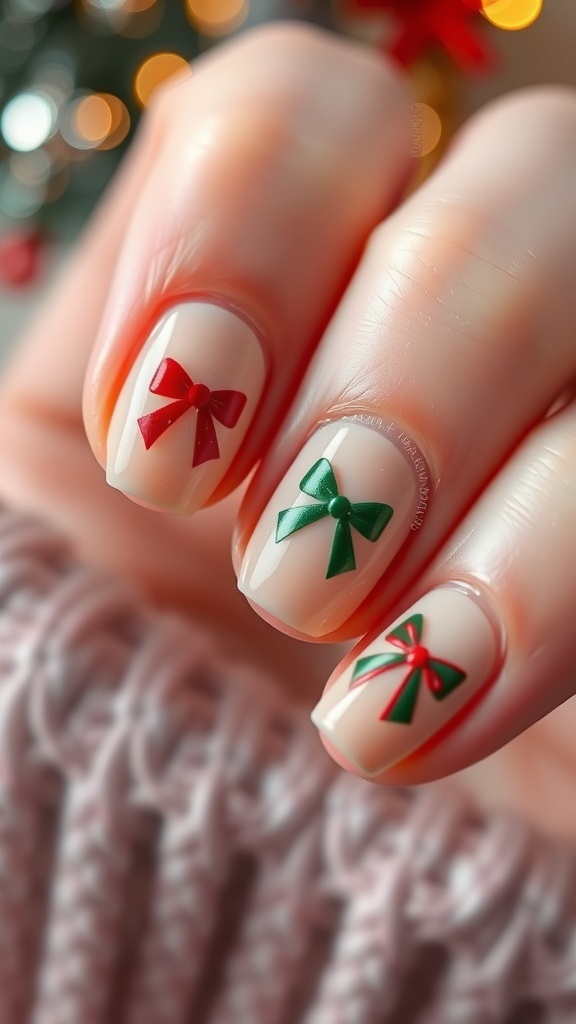 Christmas nail art with short bows in red and green on neutral nails.